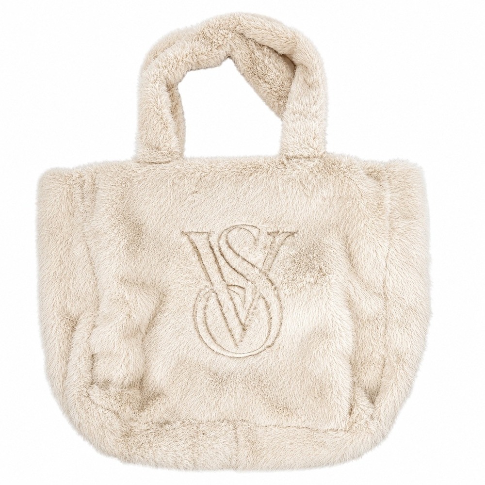 Victoria's Secret Cream Faux Fur Tote Bag VS Monogram Logo Large Zip Top 421016